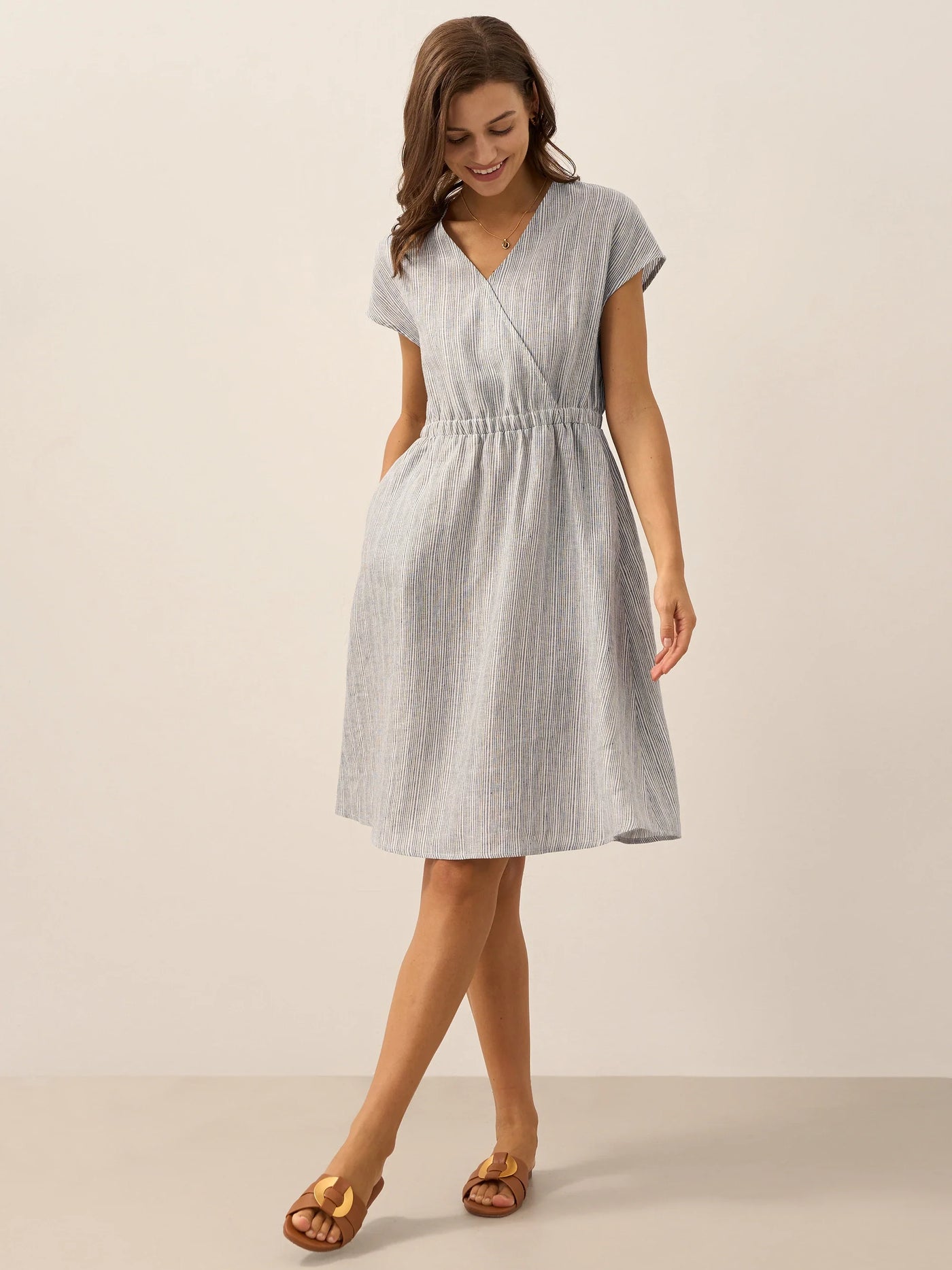 100% Linen Striped Elastic-Waist Mini Dress ARIA - Glamourous Grace