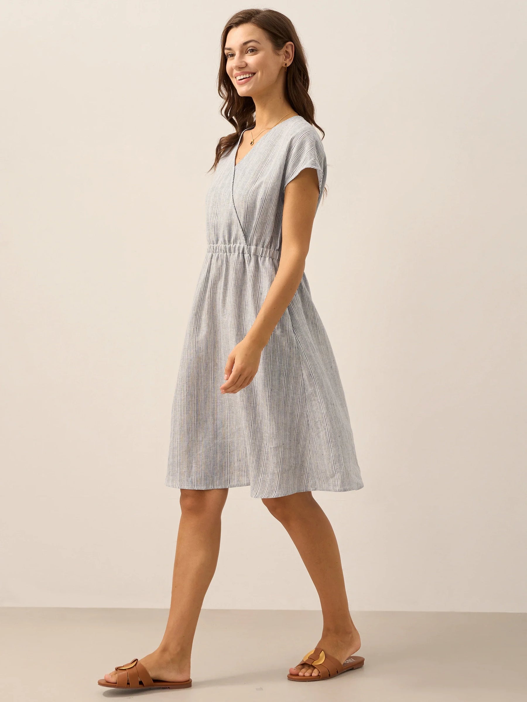 100% Linen Striped Elastic-Waist Midi Dress ARIA - Glamourous Grace