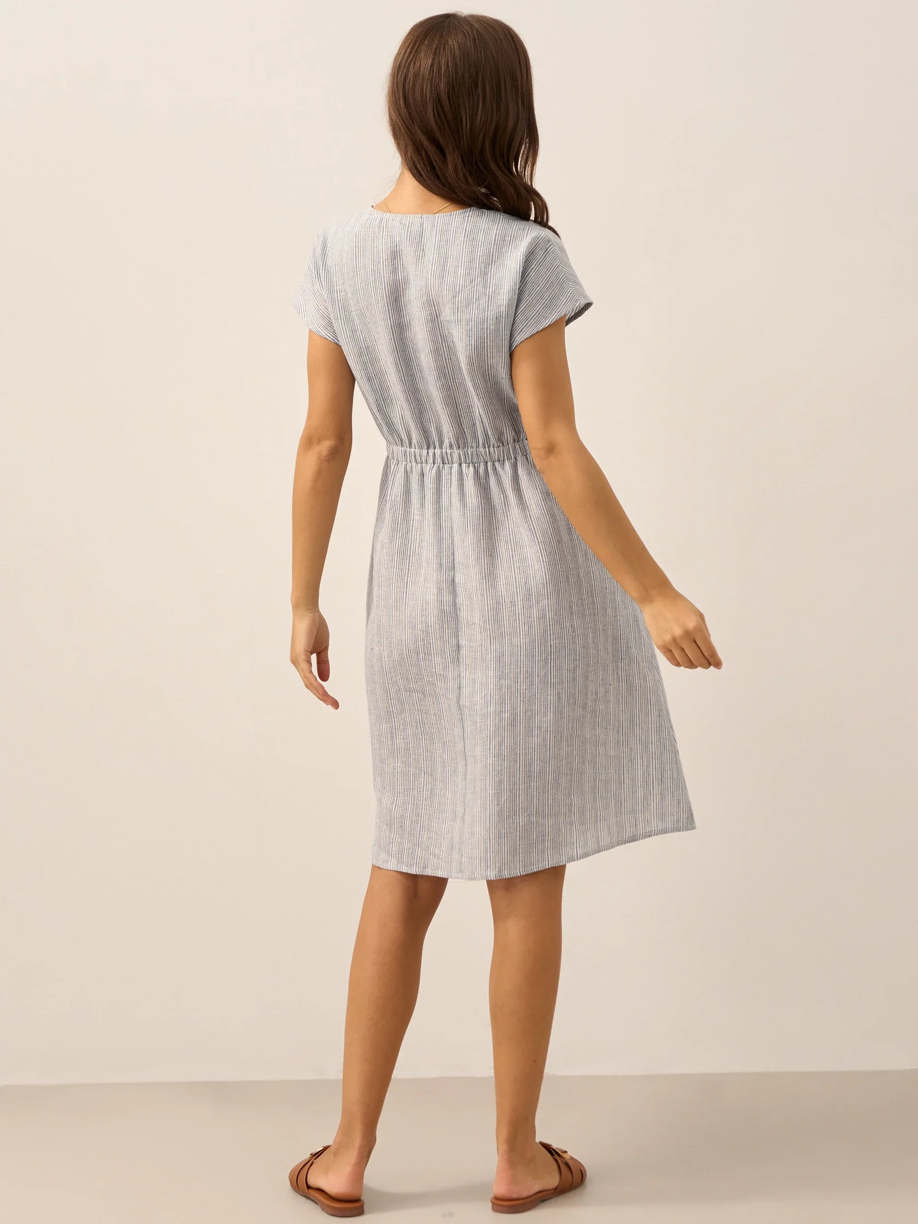 100% Linen Striped Elastic-Waist Midi Dress ARIA - Glamourous Grace