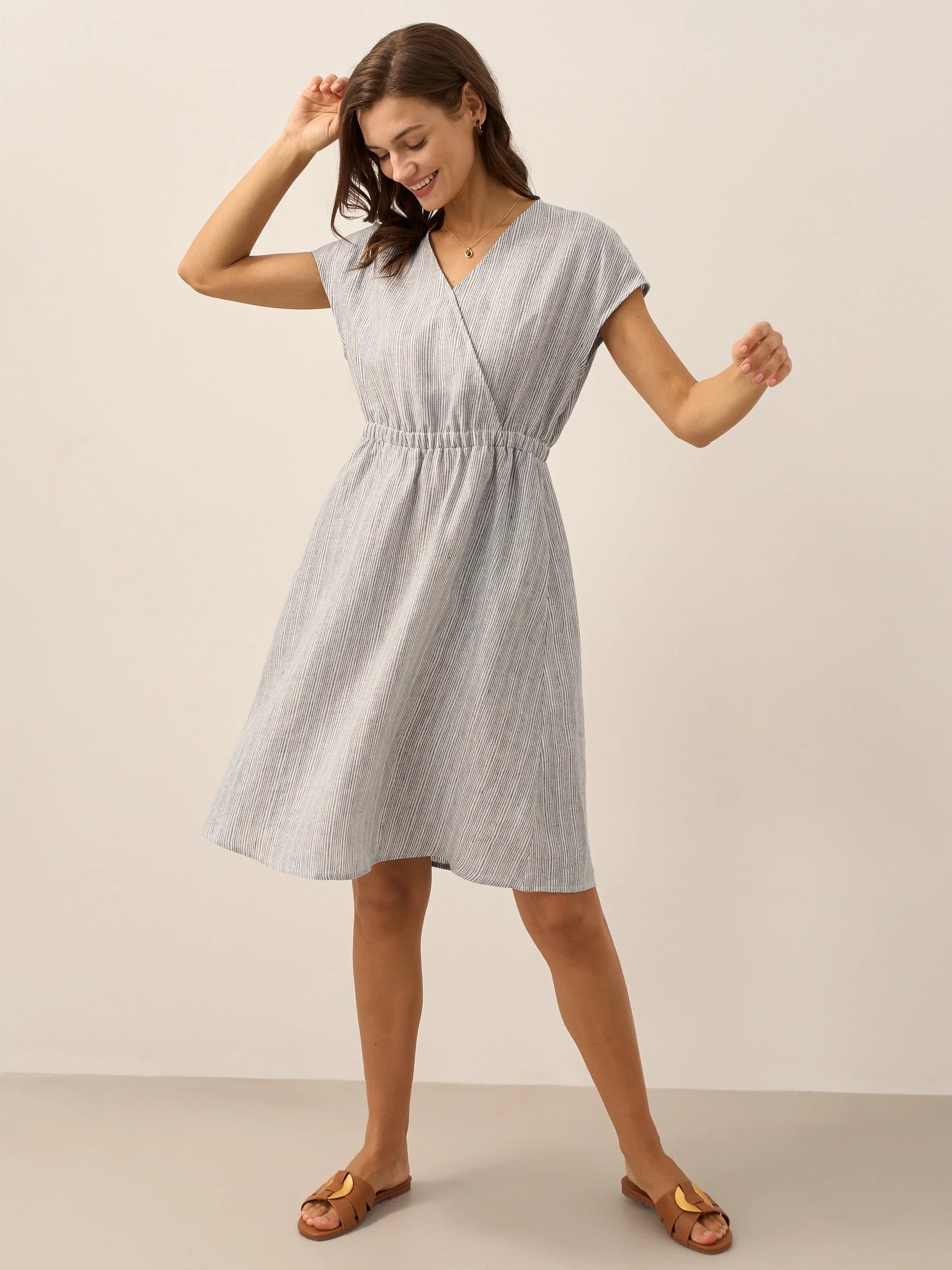 100% Linen Striped Elastic-Waist Midi Dress ARIA - Glamourous Grace