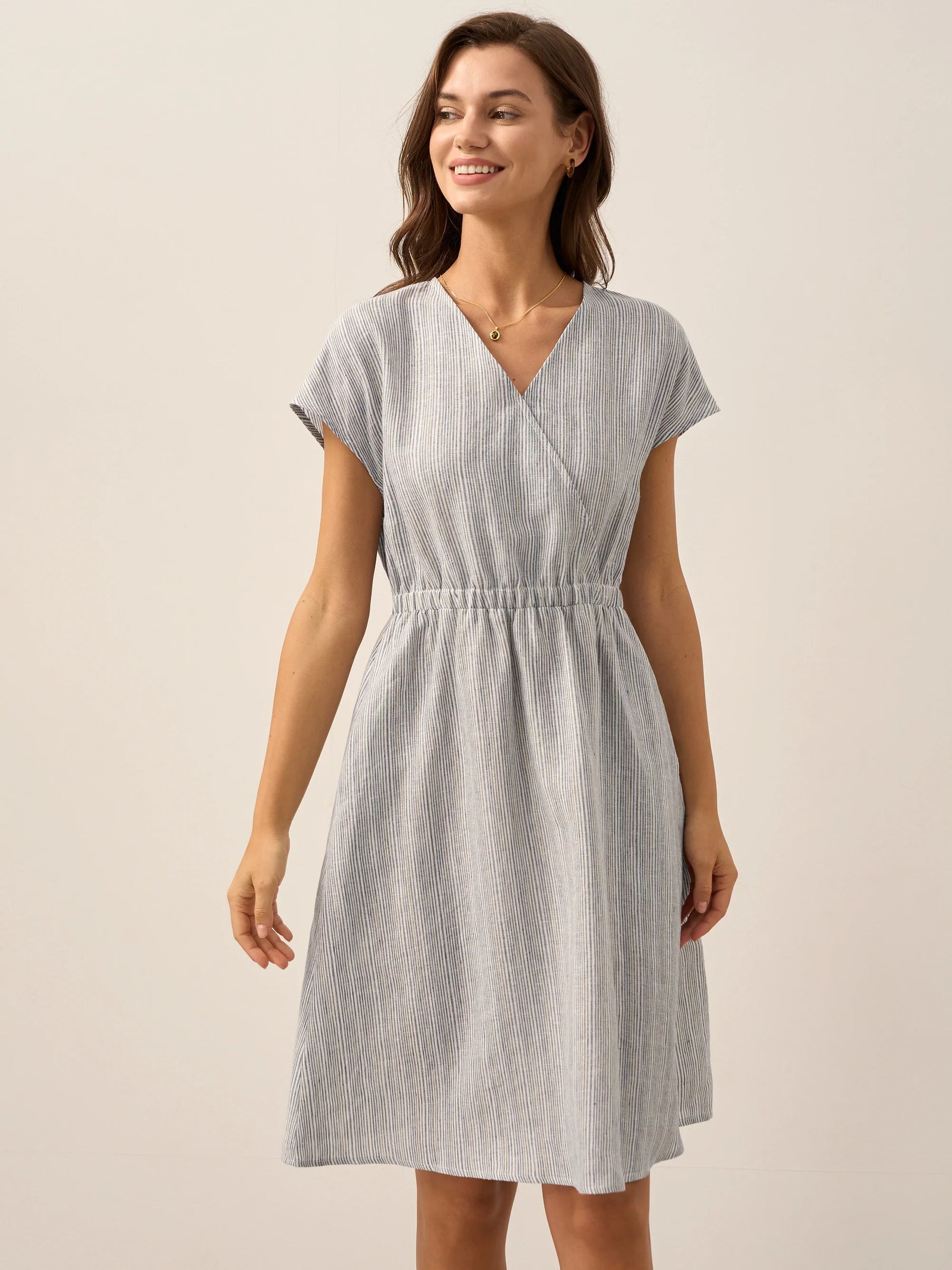 100% Linen Striped Elastic-Waist Midi Dress ARIA - Glamourous Grace