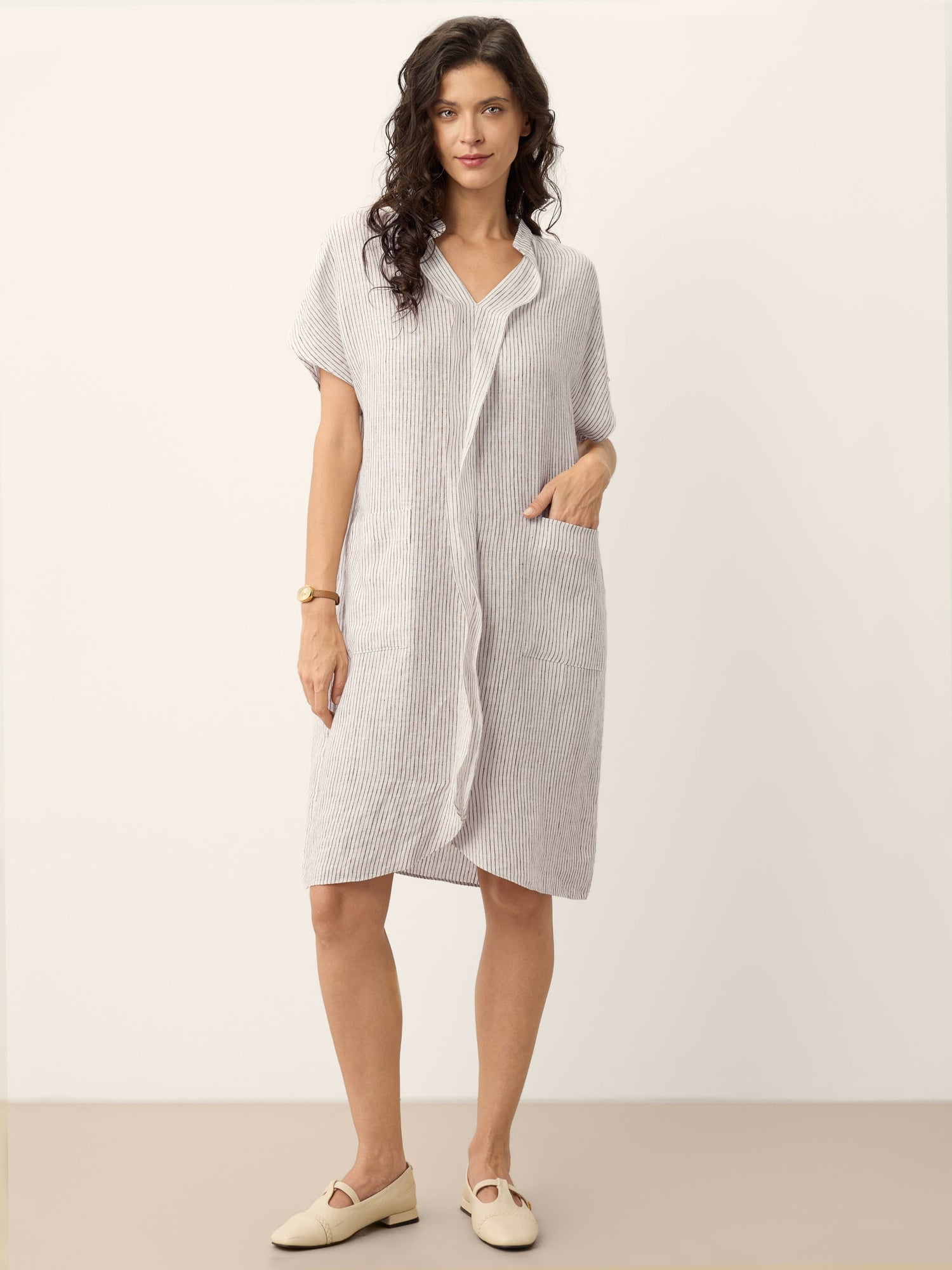100% Linen Striped Ruffle Placket Shirt Dress GLORIA - Glamourous Grace