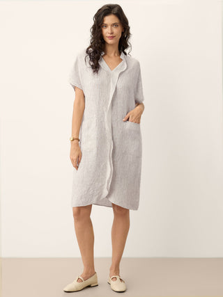 100% Linen Striped Ruffle Placket Shirt Dress GLORIA - Glamourous Grace