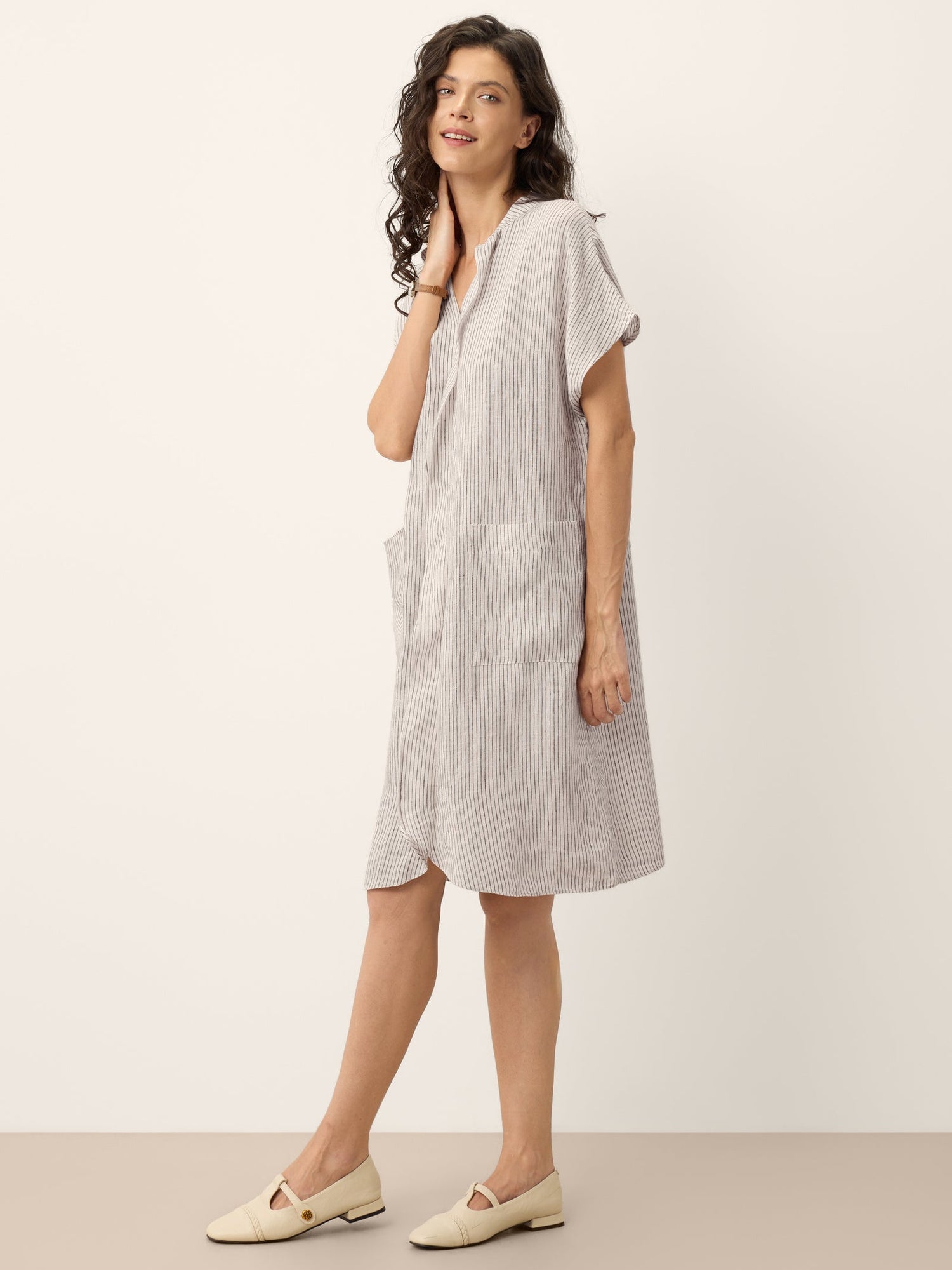 100% Linen Striped Ruffle Placket Shirt Dress GLORIA - Glamourous Grace