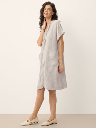 100% Linen Striped Ruffle Placket Shirt Dress GLORIA - Glamourous Grace