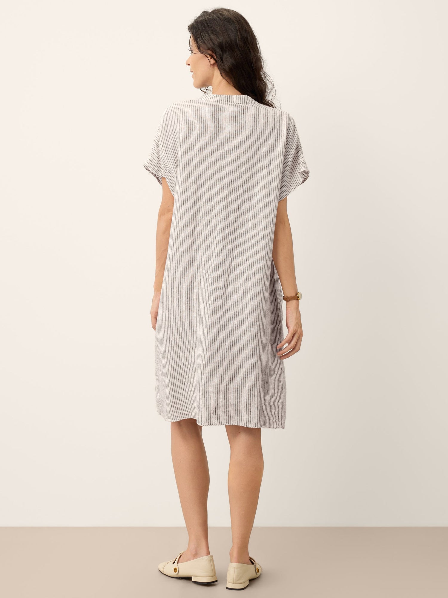 100% Linen Striped Ruffle Placket Shirt Dress GLORIA - Glamourous Grace