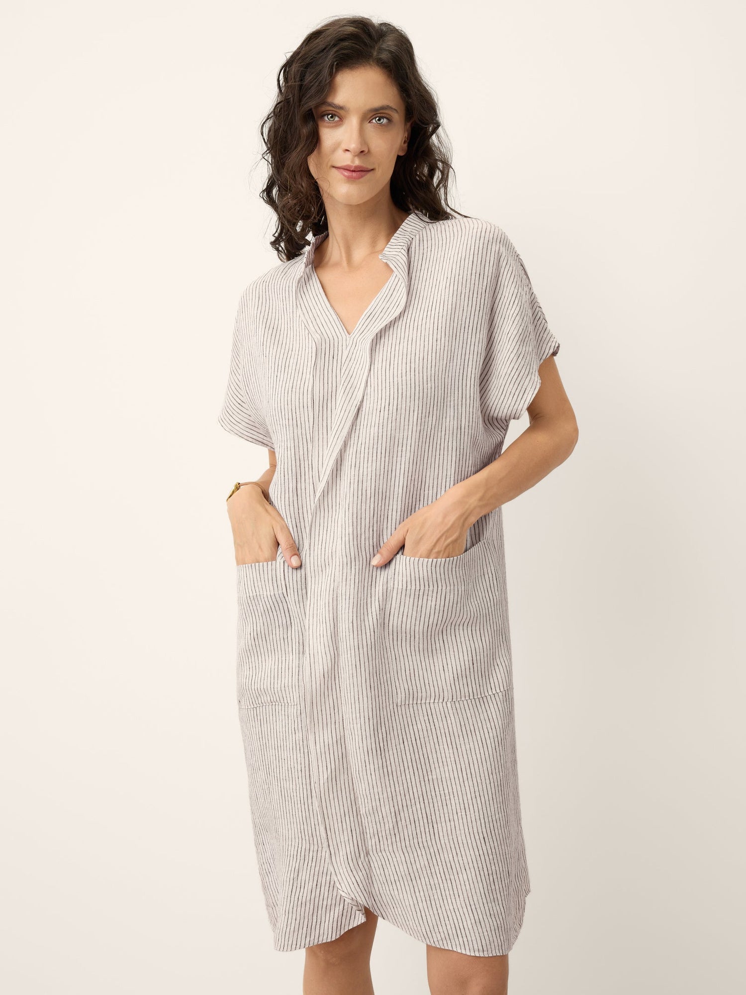 100% Linen Striped Ruffle Placket Shirt Dress GLORIA - Glamourous Grace