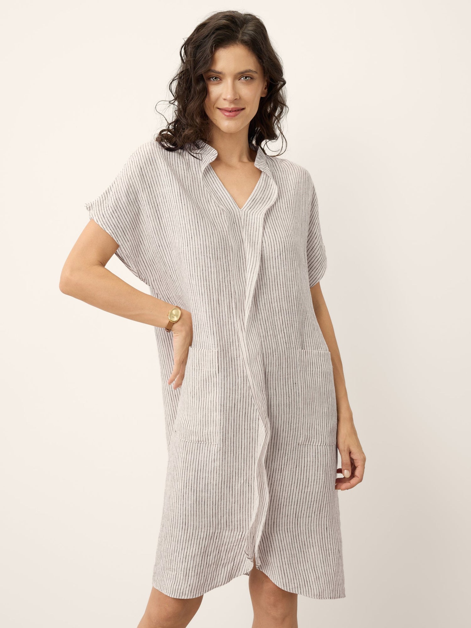100% Linen Striped Ruffle Placket Shirt Dress GLORIA - Glamourous Grace