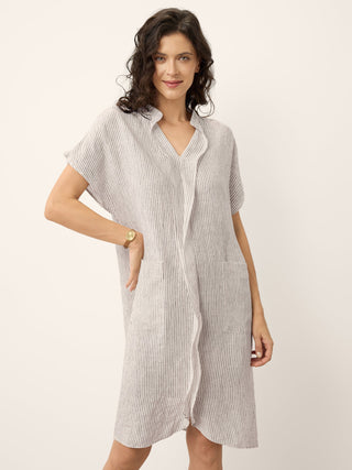 100% Linen Striped Ruffle Placket Shirt Dress GLORIA - Glamourous Grace
