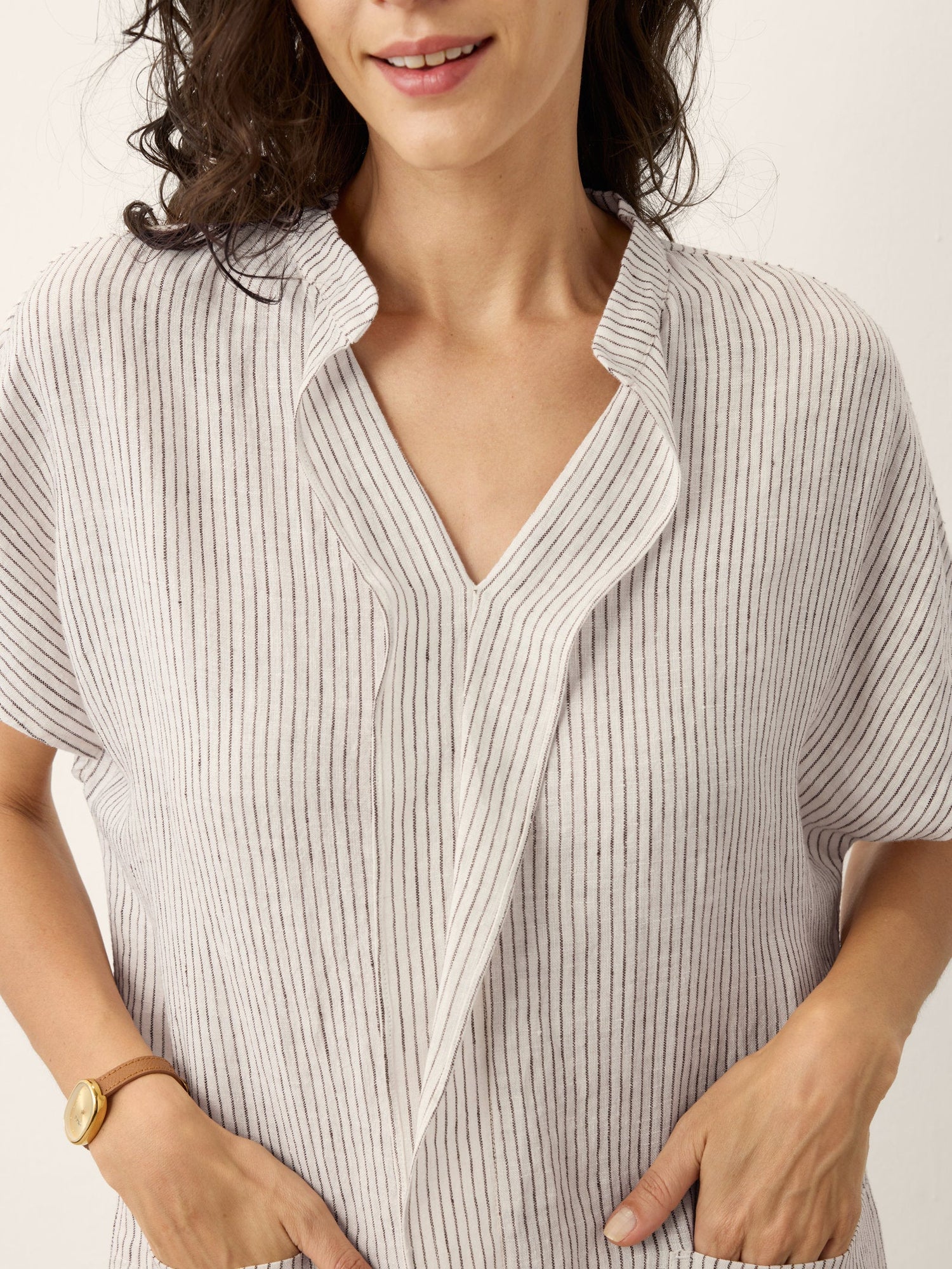 100% Linen Striped Ruffle Placket Shirt Dress GLORIA - Glamourous Grace