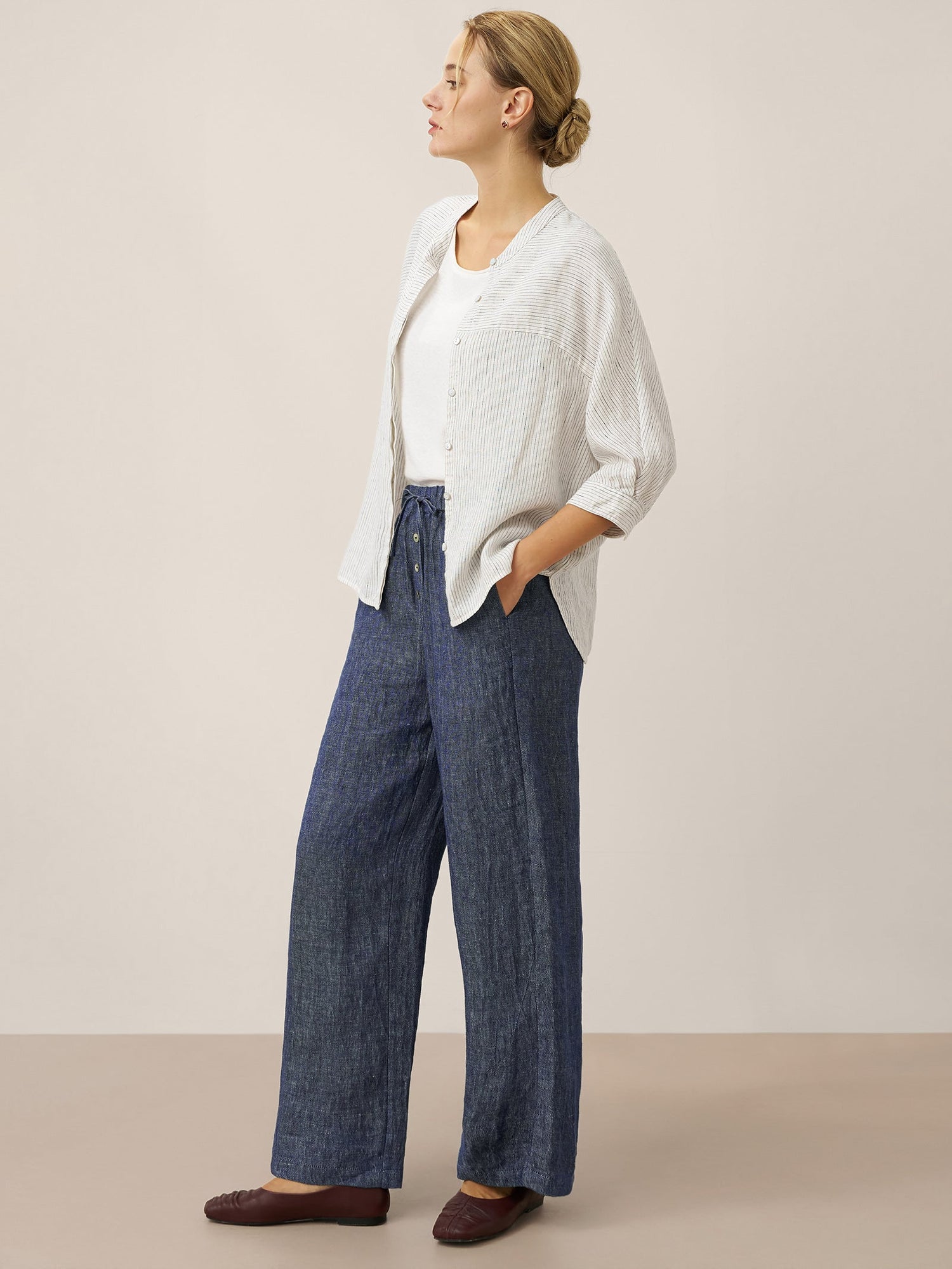 100% Linen Striped Three-Quarter Sleeve Shirt SKYLAR - Glamourous Grace