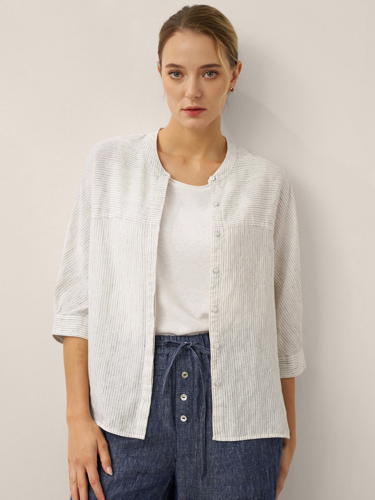 100% Linen Striped Three-Quarter Sleeve Shirt SKYLAR - Glamourous Grace