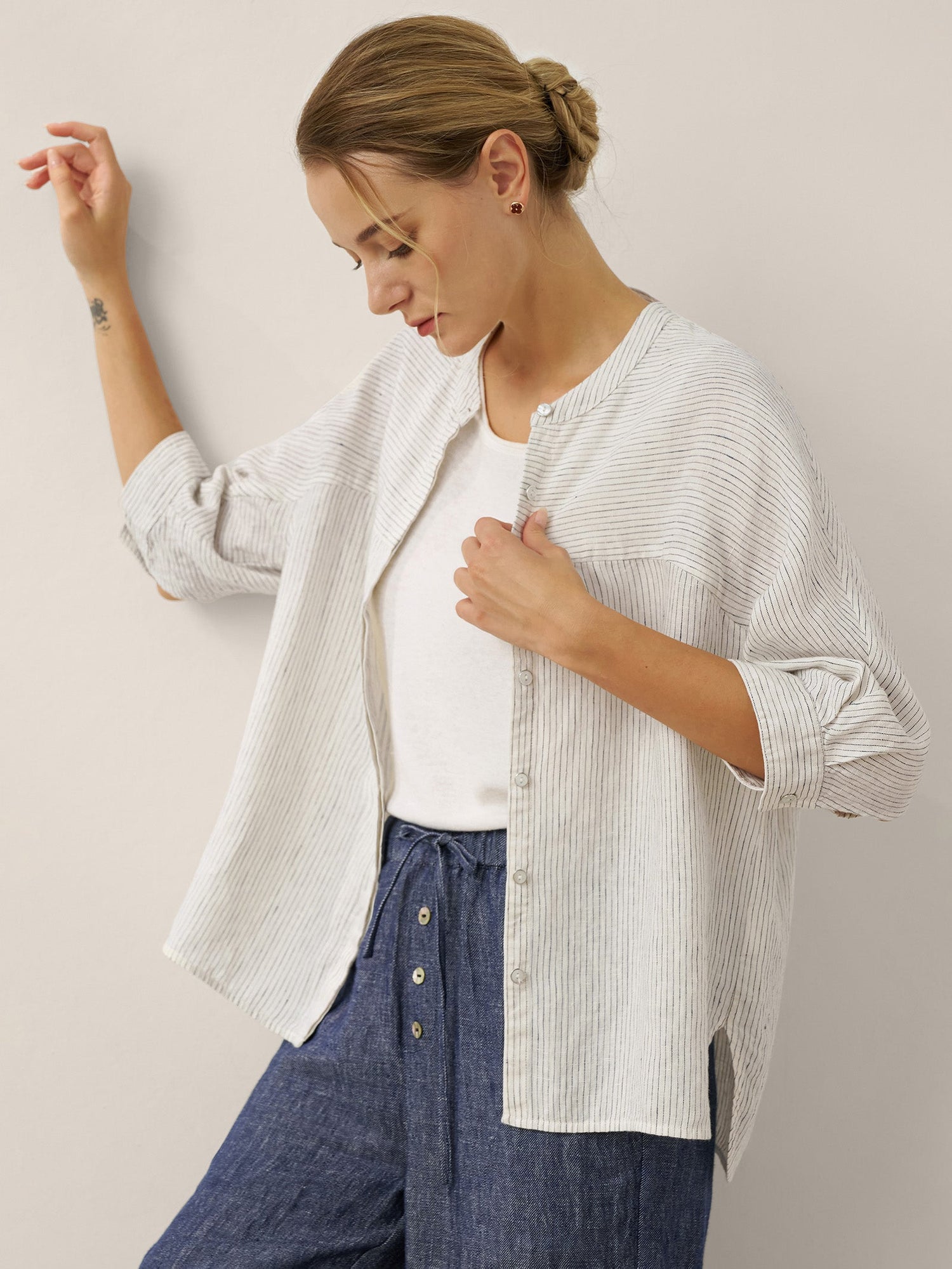100% Linen Striped Three-Quarter Sleeve Shirt SKYLAR - Glamourous Grace