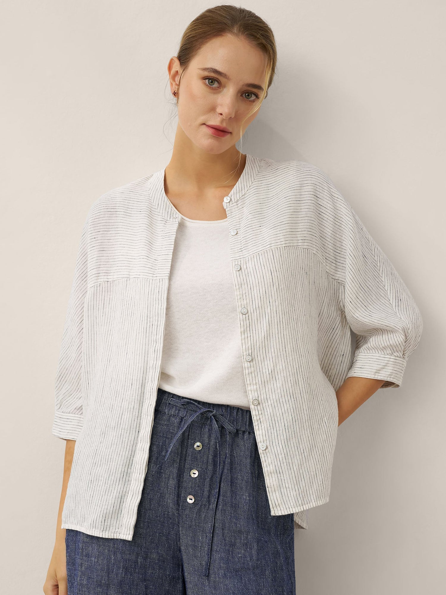 100% Linen Striped Three-Quarter Sleeve Shirt SKYLAR - Glamourous Grace
