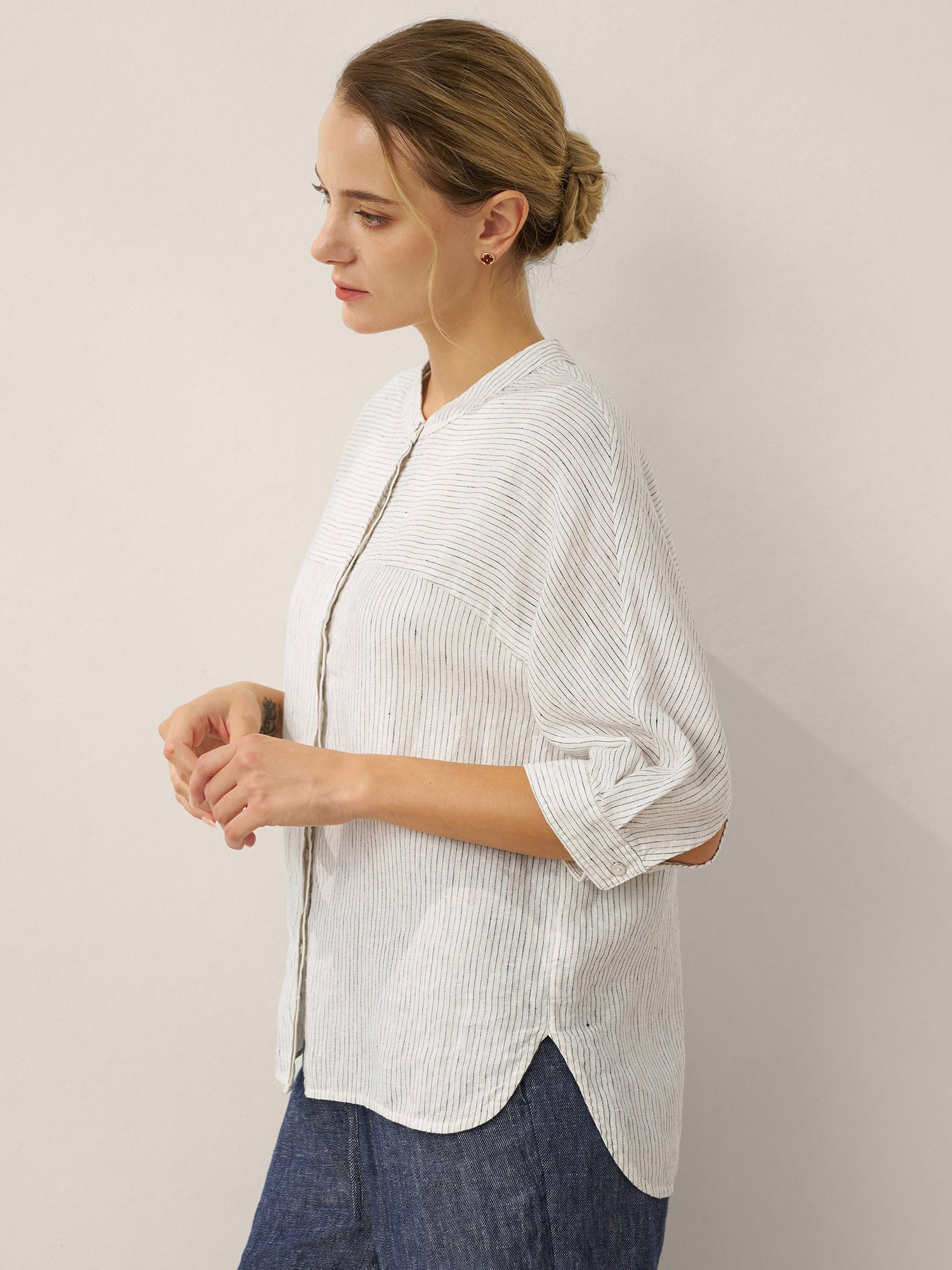 100% Linen Striped Three-Quarter Sleeve Shirt SKYLAR - Glamourous Grace