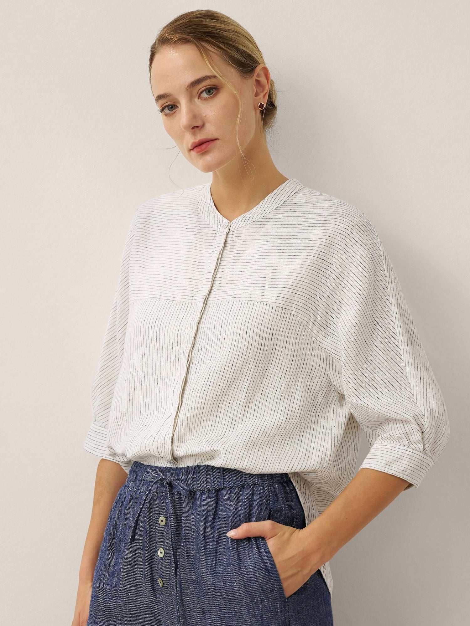 100% Linen Striped Three-Quarter Sleeve Shirt SKYLAR - Glamourous Grace