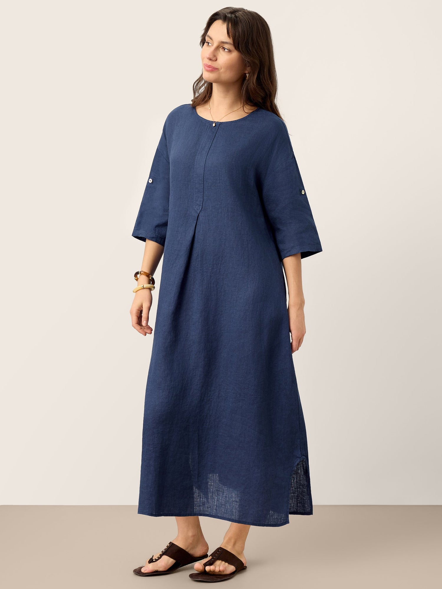 100% Linen Roll-Up Sleeve Inverted Pleat Maxi Dress MARIBEL - Glamourous Grace