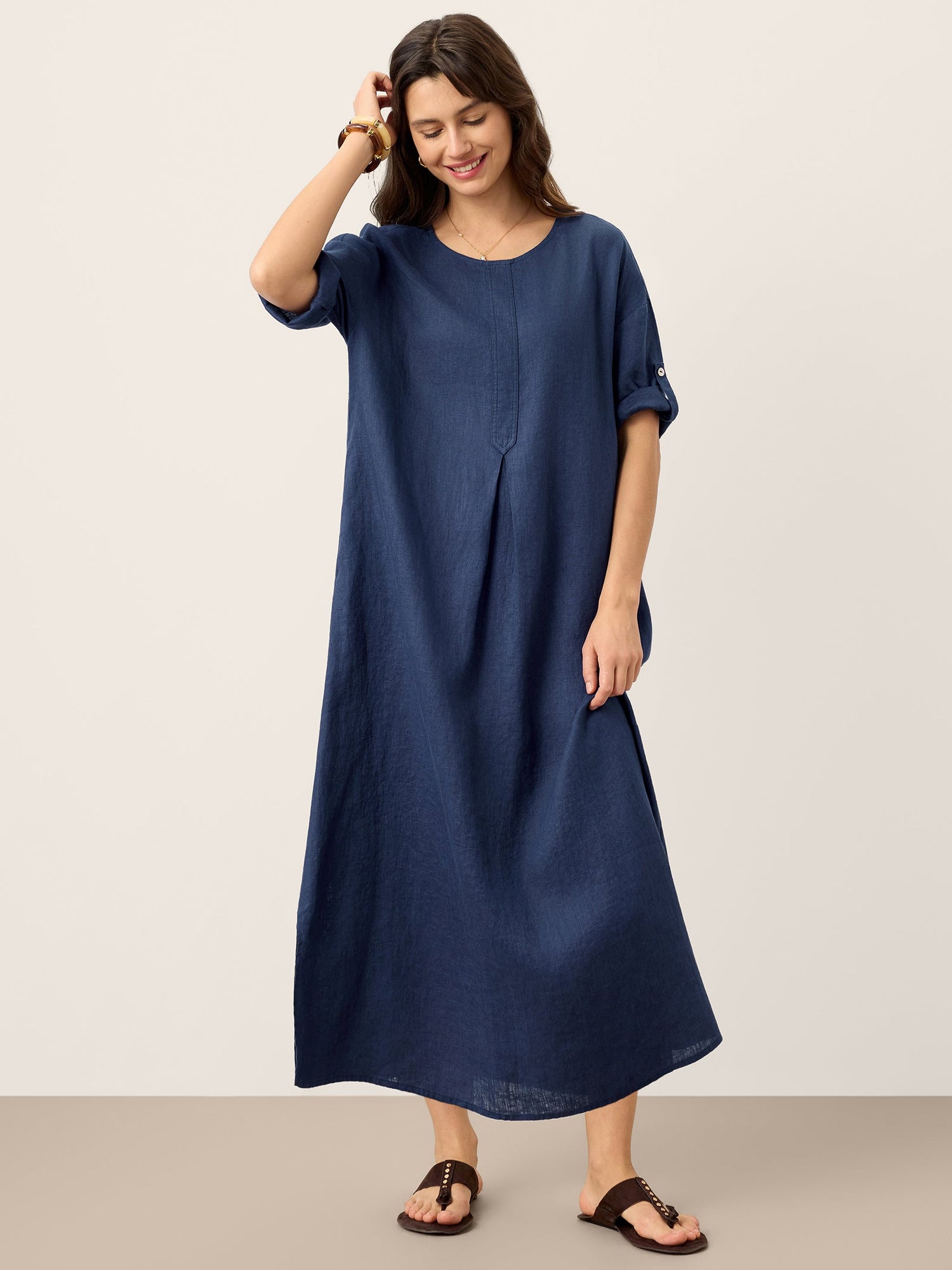 100% Linen Roll-Up Sleeve Inverted Pleat Maxi Dress MARIBEL - Glamourous Grace