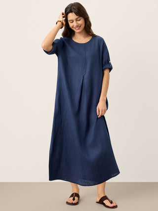 100% Linen Roll-Up Sleeve Inverted Pleat Maxi Dress MARIBEL - Glamourous Grace