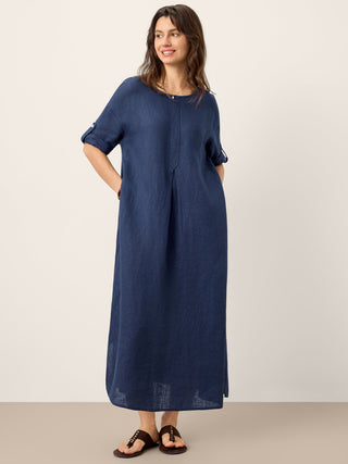 100% Linen Roll-Up Sleeve Inverted Pleat Maxi Dress MARIBEL - Glamourous Grace