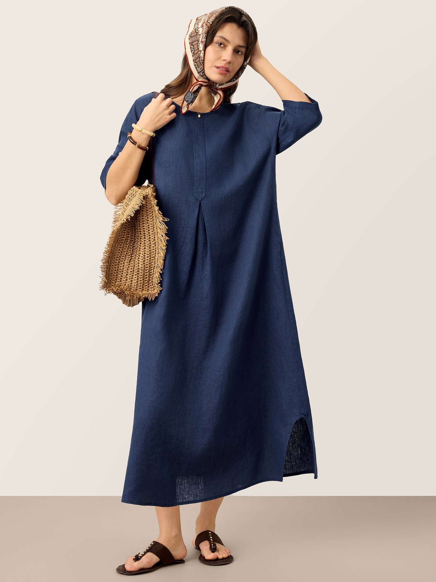 100% Linen Roll-Up Sleeve Inverted Pleat Maxi Dress MARIBEL - Glamourous Grace