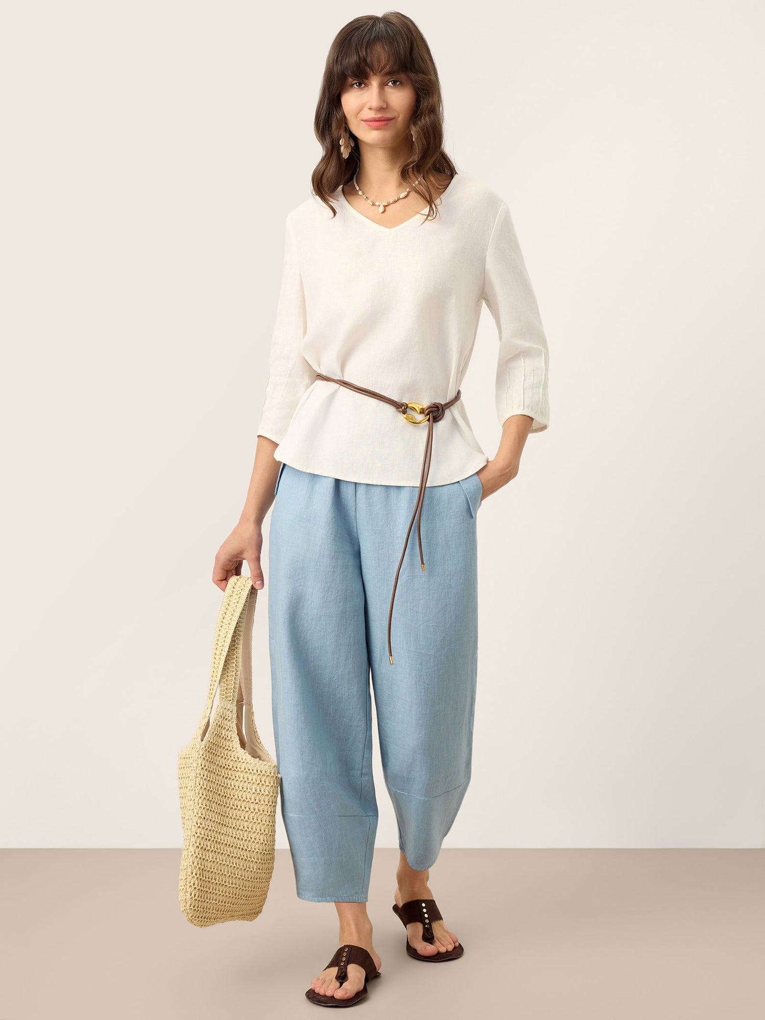 100% Linen Tapered Cropped Pull-On Trousers LORETTA - Glamourous Grace
