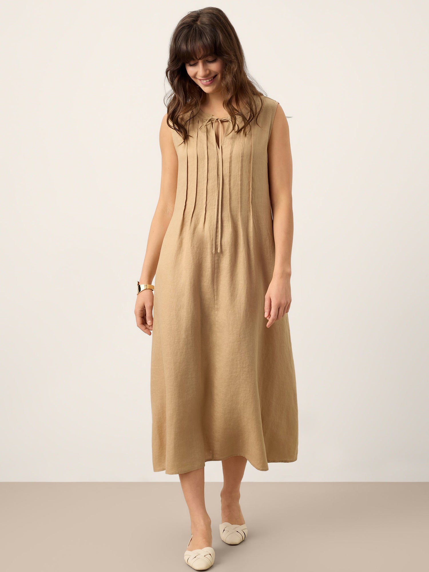100% Linen Sleeveless Tie-Neck Pintucked Maxi Dress MILLICENT - Glamourous Grace