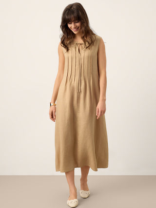 100% Linen Sleeveless Tie-Neck Pintucked Maxi Dress MILLICENT