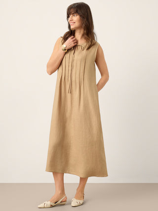 100% Linen Sleeveless Tie-Neck Pintucked Maxi Dress MILLICENT