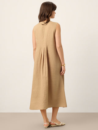 100% Linen Sleeveless Tie-Neck Pintucked Maxi Dress MILLICENT