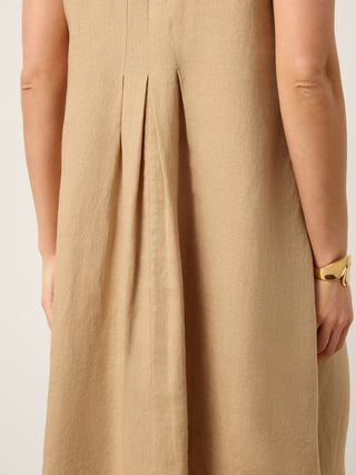 100% Linen Sleeveless Tie-Neck Pintucked Maxi Dress MILLICENT