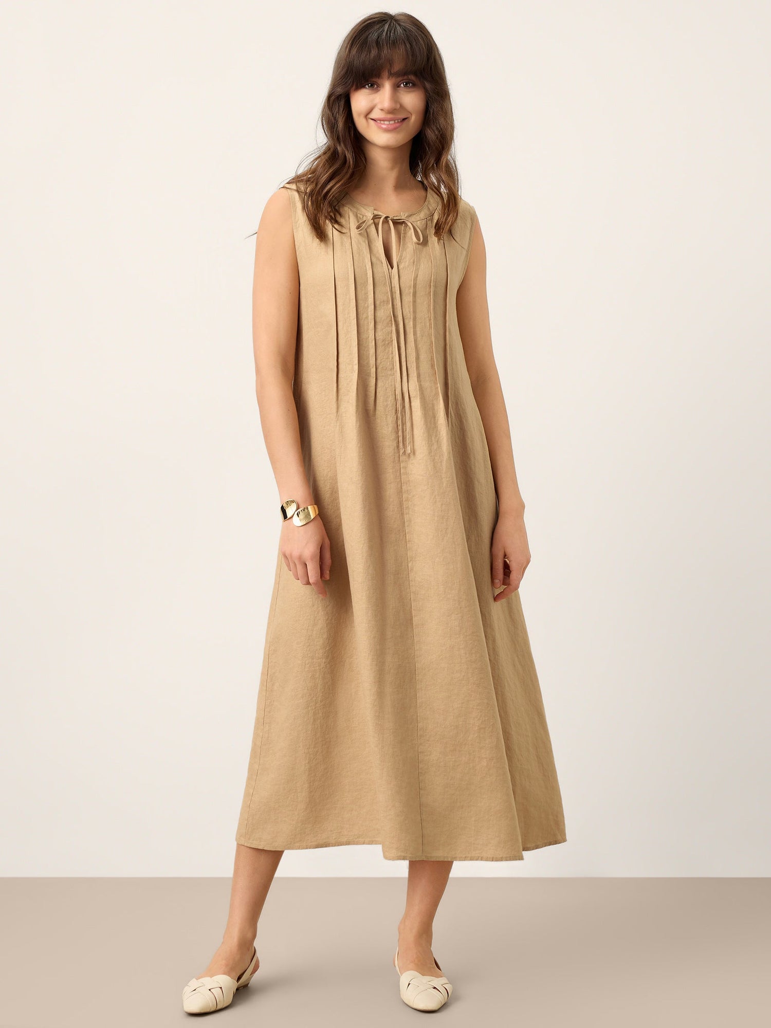 100% Linen Sleeveless Tie-Neck Pintucked Maxi Dress MILLICENT - Glamourous Grace