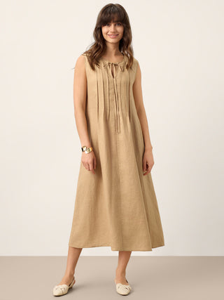 100% Linen Sleeveless Tie-Neck Pintucked Maxi Dress MILLICENT