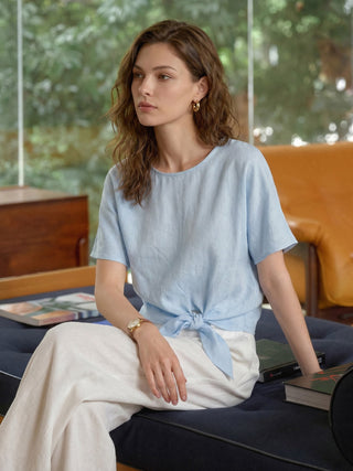 100% Linen Tie Front Drop Shoulder Top PAULA - Glamourous Grace