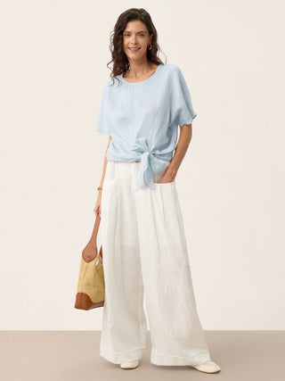 100% Linen Tie Front Drop Shoulder Top PAULA - Glamourous Grace