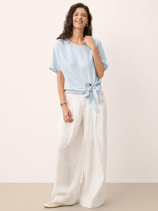 100% Linen Tie Front Drop Shoulder Top PAULA - Glamourous Grace