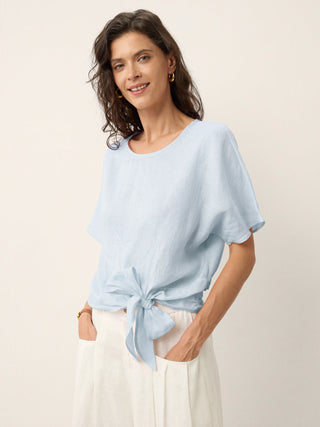 100% Linen Tie Front Drop Shoulder Top PAULA - Glamourous Grace