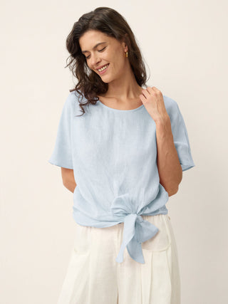 100% Linen Tie Front Drop Shoulder Top PAULA - Glamourous Grace