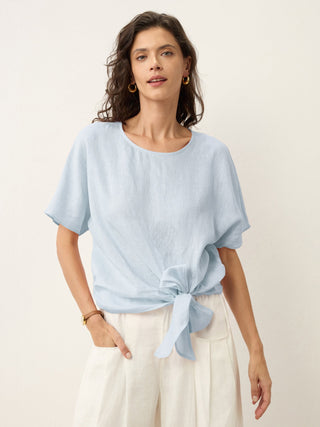 100% Linen Tie Front Drop Shoulder Top PAULA - Glamourous Grace