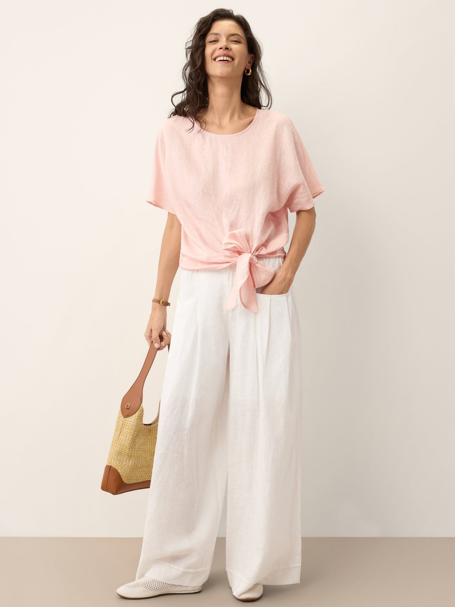 100% Linen Tie Front Drop Shoulder Top PAULA - Glamourous Grace