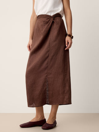 LINTICO linen twist-waist slit skirt in espresso brown, featuring a stylish design and relaxed fit, perfect for casual wear.