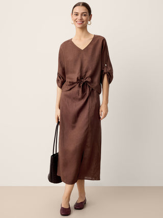 LINTICO Linen twist-waist slit skirt from the LIVANA collection in espresso brown, displayed on a neutral background.