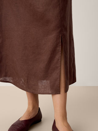 LINTICO linen twist-waist slit skirt in espresso brown, stylish and lightweight for casual or summer wear.