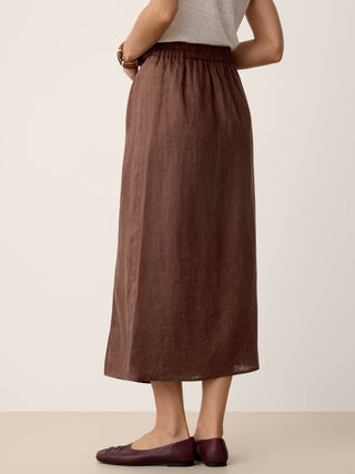 LINTICO linen twist-waist slit skirt in espresso brown, showcasing its elegant design and lightweight fabric.
