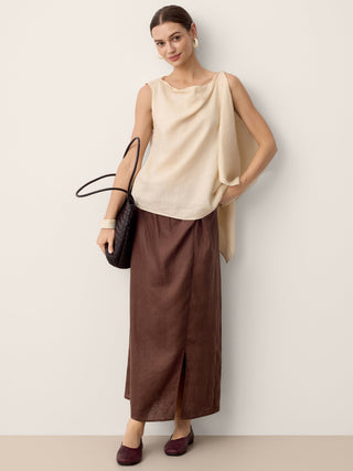 LINTICO linen twist-waist slit skirt in espresso brown, featuring a stylish design and lightweight, breathable fabric.