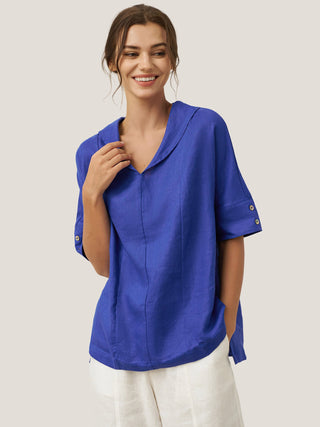 Linen V Neck Short Sleeve Shirt SIERRA - Glamourous Grace