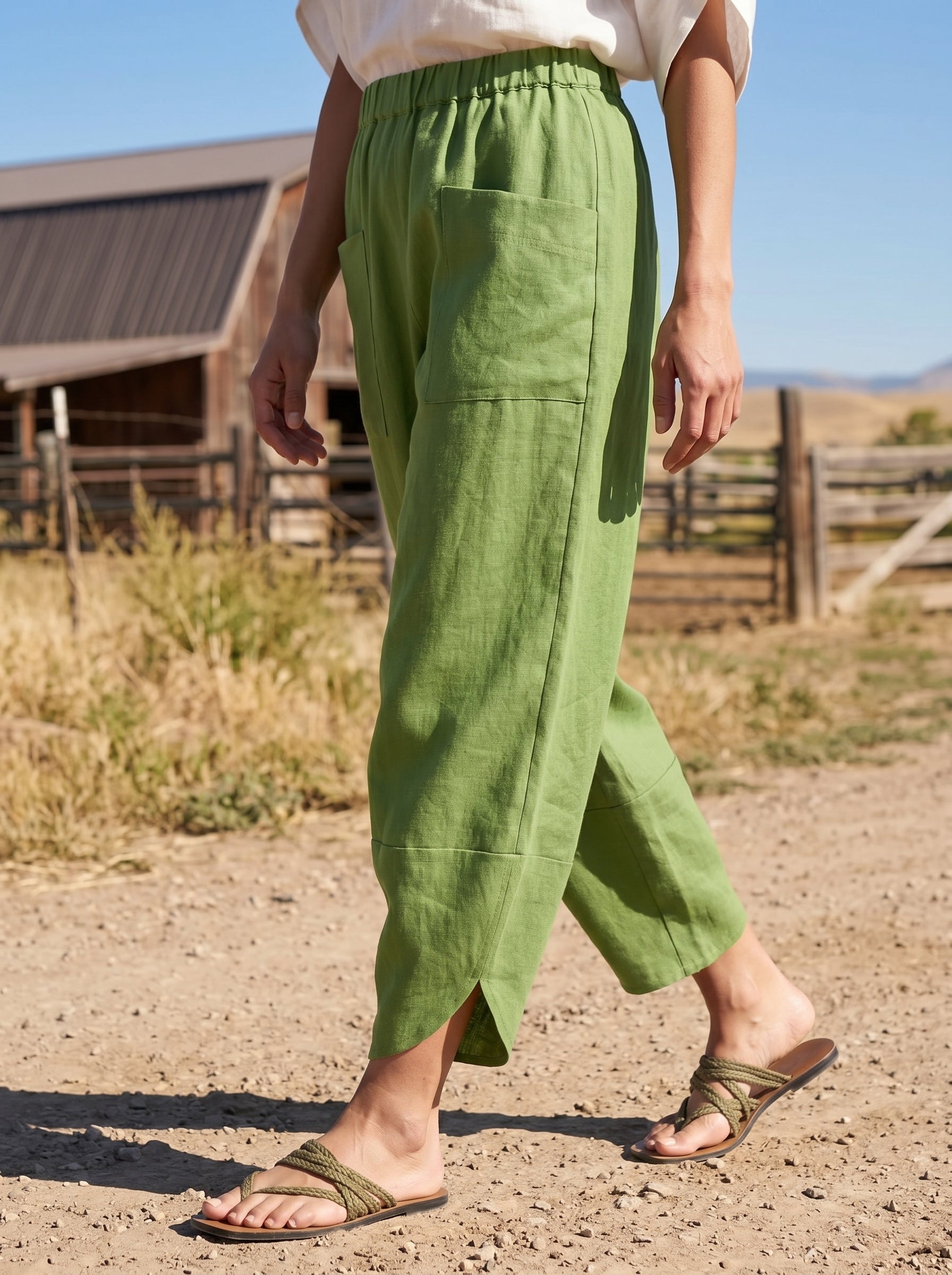 100% Linen Petal-Hem Trousers with Elastic Waist LIV - Glamourous Grace