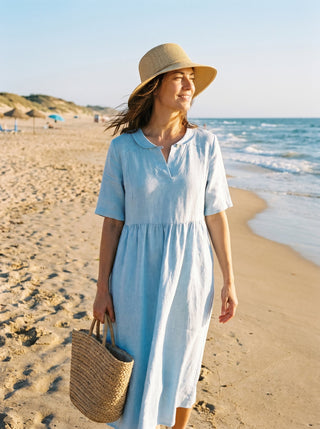 100% Linen Shawl V-Neck Pleated Maxi Dress SUSAN - Glamourous Grace