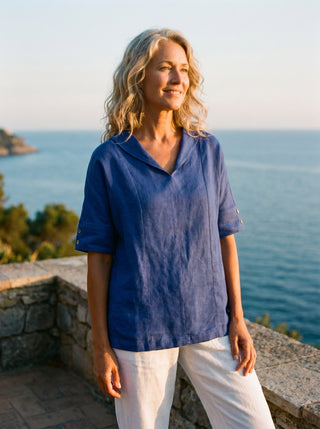 Linen V Neck Short Sleeve Shirt SIERRA - Glamourous Grace