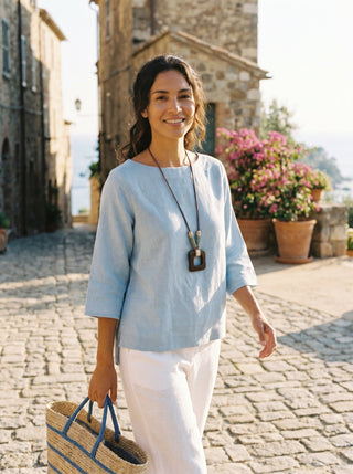 100% Linen Boatneck 3/4 Length Sleeve Top AURORA - Glamourous Grace